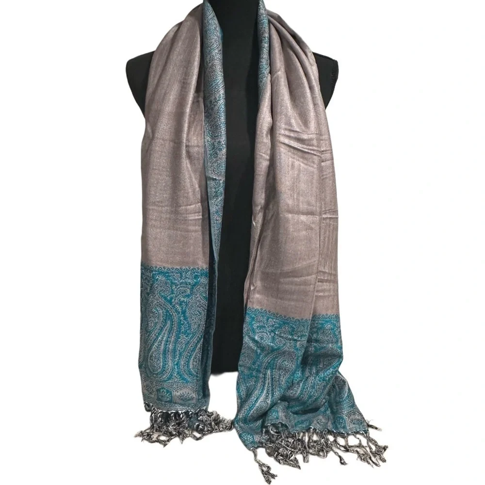 Elegant Large Shawl Wrap Double-sided Super Soft Quality Rayon Silver Aquamarine